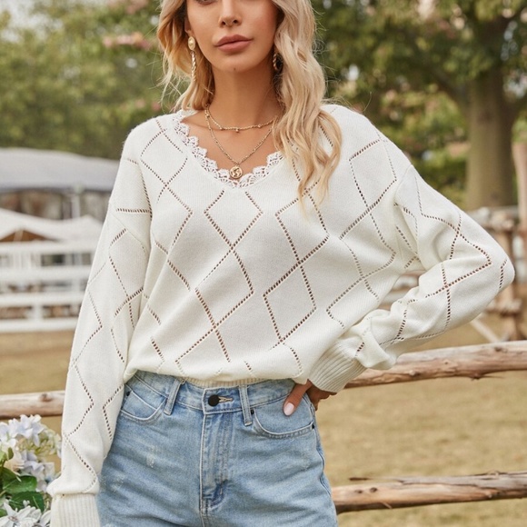 off white v neck lace detail knit sweater fall - Picture 4 of 4